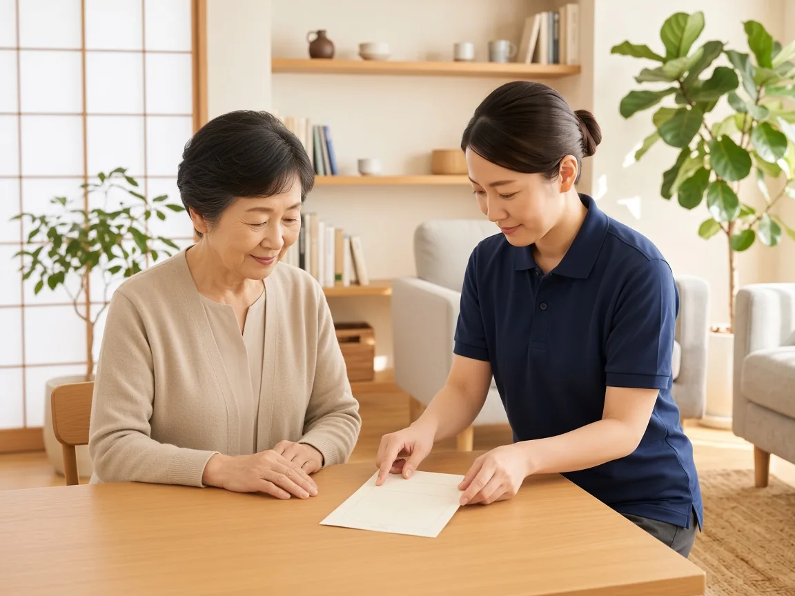 女性スタッフが高齢のお客様に説明する様子