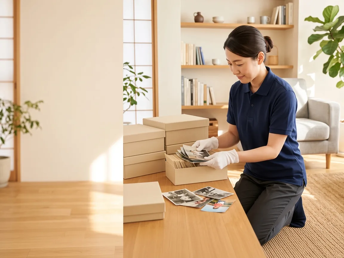 遺品を丁寧に仕分けする様子